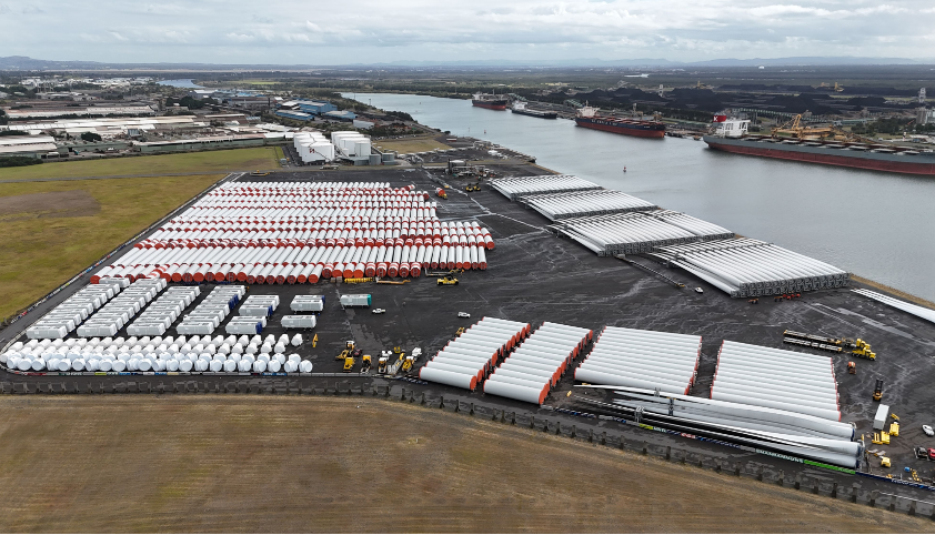 Windfarm blades stored at Port of Newcastle during transit.
